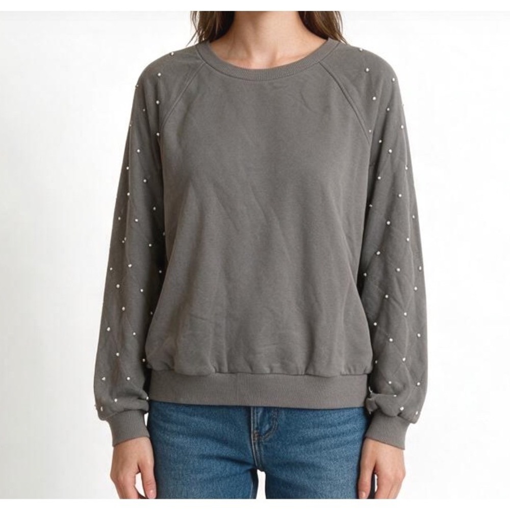 CURRENT AIR Anthropologie Pearl Sleeve Sweater SWEATSHIRT TOP Gray/Greige SIZE S